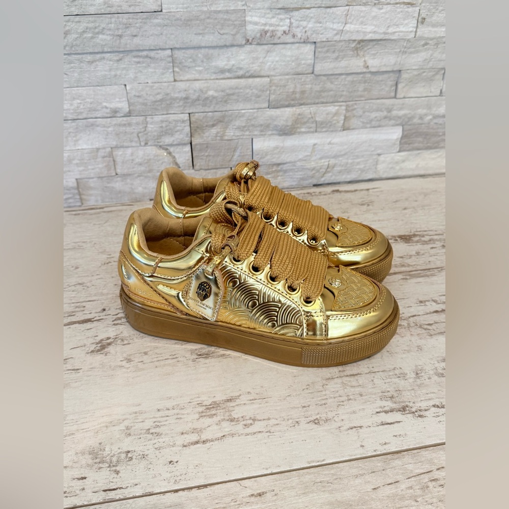 Kurt Geiger London Women's Southbank Tag Gold Metallic Platform Sneakers NEW